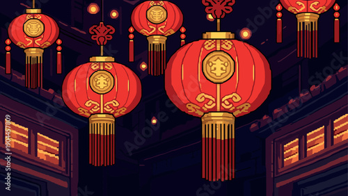 Pixel art red lanterns in a traditional chinese setting with ornamental details
