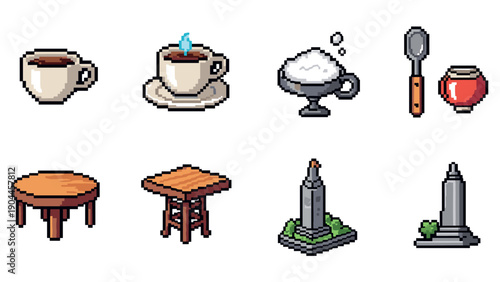Pixel art coffee essentials and monuments collection with cute retro style