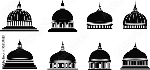 Domed building silhouette icon set, eight architectural designs with varied bases spires and columns, black vector illustration, classical and governmental architecture theme, isolated background