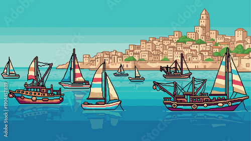 Pixel art sailboats on serene sea with coastal town backdrop