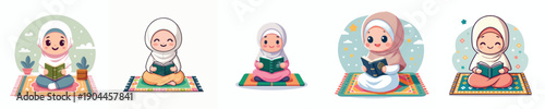 vector of little Muslim girl sitting on a prayer mat reading the Koran