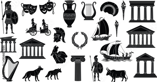 Ancient Greek silhouettes collection, mythology architecture warriors ships columns symbols icons, classical history and culture concept, minimalist black vector illustration isolated