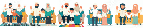 vector of a small Muslim family sitting happily waving their hands on the sofa