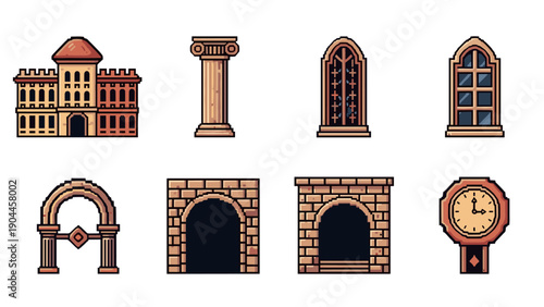 Pixel Art Retro pixel art architecture icons: castles, columns, windows, and more