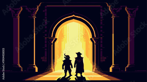 Pixel art fantasy adventure: silhouetted heroes at glowing castle entrance