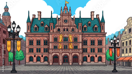 Pixel Art Historic european town hall with ornate architecture in retro pixel art style