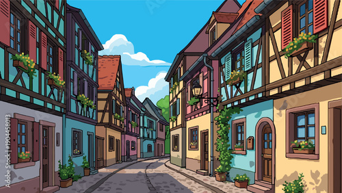 Pixel Art Charming cobblestone street in a picturesque european village with vibrant, colorful houses