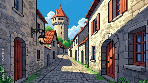Pixel Art Charming medieval village street with stone houses and tower in pixel art