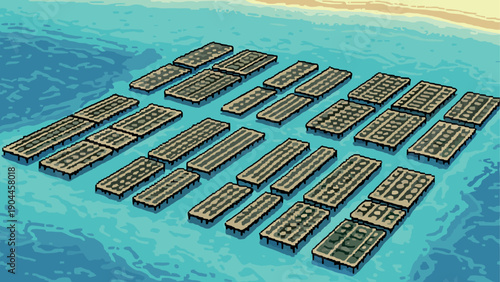 Pixel art oyster farming: vibrant ocean aquaculture scene