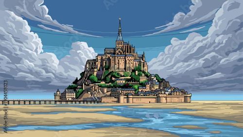 Pixel Art Retro pixel art castle island with dramatic sky and ocean view