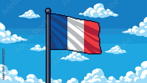 Pixel art french flag waving in cloudy blue sky