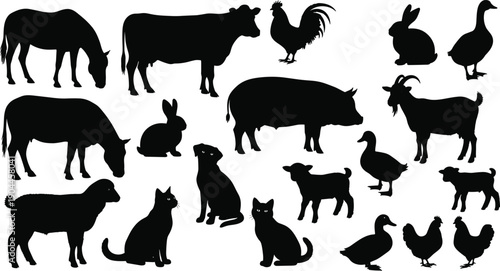 Farm animal silhouettes collection, cow pig goat sheep horse chicken duck dog cat rabbit, livestock and domestic animals set, minimalist black vector illustration isolated