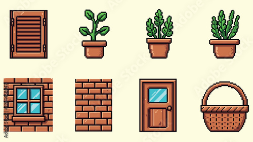 Pixel Art Charming retro pixel garden elements with potted plants and brick patterns