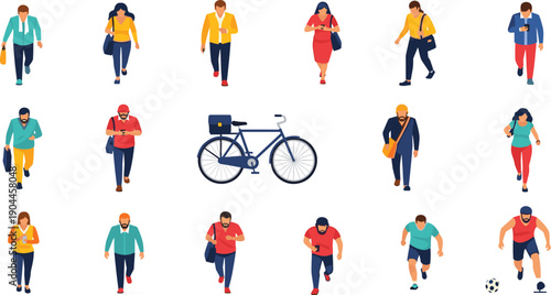 Urban activity illustration set, eighteen diverse figures walking running playing soccer using mobile devices plus bicycle with rear box, colorful vector design, lifestyle and transport theme