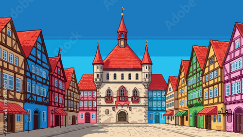 Pixel Art Colorful pixel art fantasy town square with charming medieval buildings