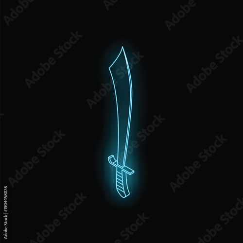 Neon blue sword glowing on black background representing the concept of war and fighting