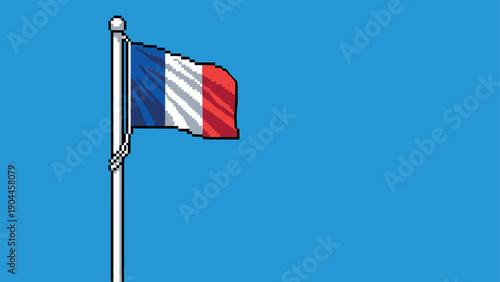 Pixel art french flag waving on a clear blue sky background