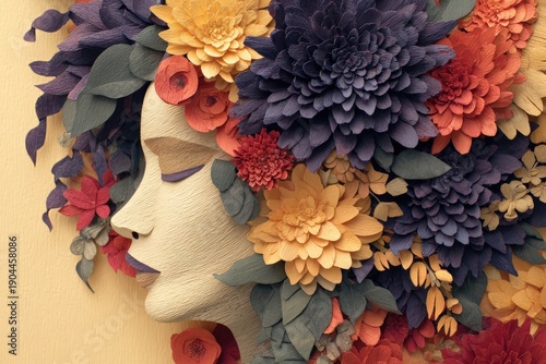 Intricate paper craft depicts a feminine profile interwoven with vibrant floral elements