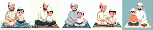 vector of father and son sitting on a prayer mat studying the Koran