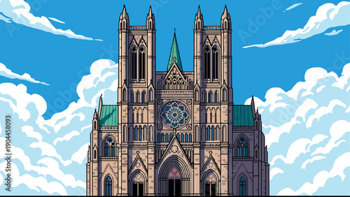 Pixel Art Gothic cathedral pixel art with dramatic blue sky and clouds