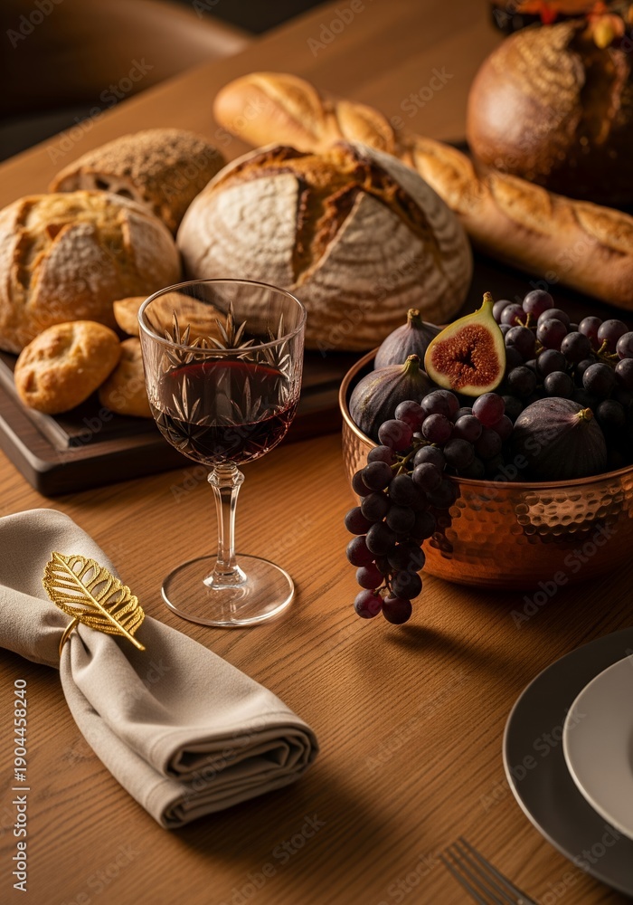 Fototapeta premium Rustic Autumn Wine and Artisan Bread Still Life with Figs and Grapes