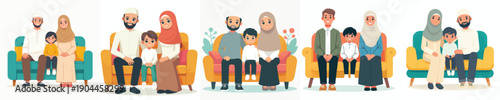 vector of a small Muslim family sitting happily on the sofa