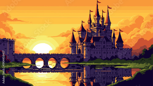 Pixel art fantasy castle at sunset with bridge and reflection