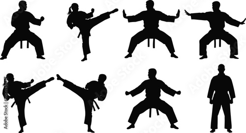 Martial arts silhouettes collection, karate and taekwondo fighters performing kicks and stances, combat sport training concept, minimalist black vector illustration isolated