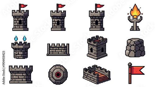 Pixel art medieval castle icons with towers, flags, and battlements