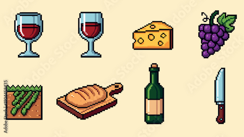 Pixel art style wine and food icons set: cheese, bread, grapes, knife, asparagus