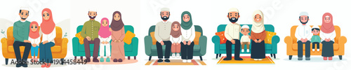 vector of a small Muslim family sitting happily on the sofa