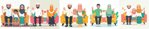 vector of a small Muslim family sitting happily waving their hands on the sofa