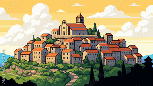 Pixel art mediterranean village on a hill with red roofs and church at sunset