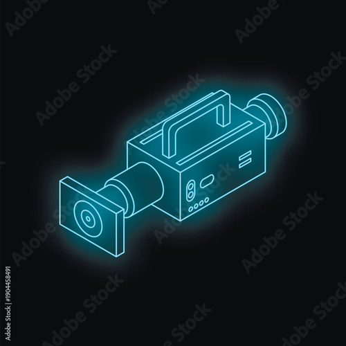 Neon blue professional camcorder outline glowing on dark background, isometric view