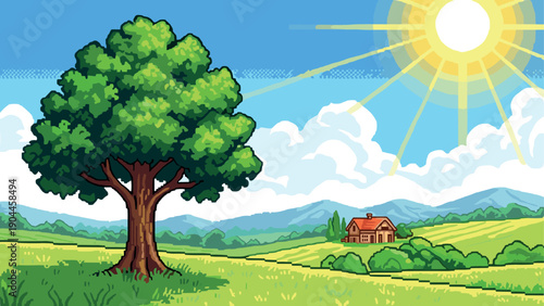 Pixel Art Sunny day pixel art landscape with tree and countryside house