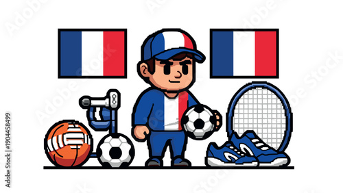 Pixel art athlete with french colors and sports equipment