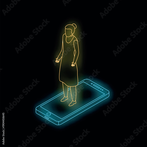 Neon isometric projection of a woman standing on a smartphone, representing mobile technology and user interaction