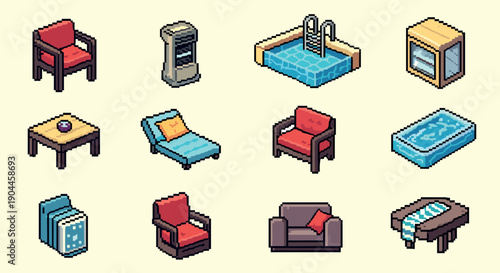 Pixel Art Retro pixel art furniture and pool items: armchair, heater, pool, bed, cushions, sofa set