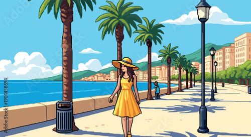 Pixel Art Woman in yellow dress strolling by the beachfront promenade with palm trees and ocean view