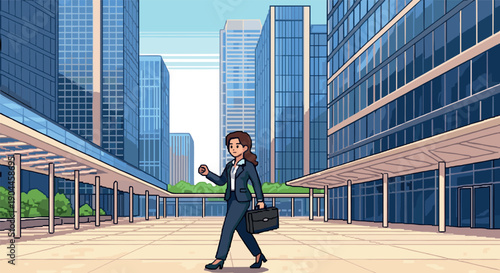 Pixel Art Businesswoman walking with briefcase in modern cityscape