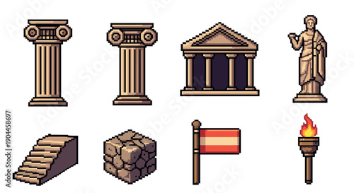 Pixel art ancient greek icons: columns, temple, statue, and more