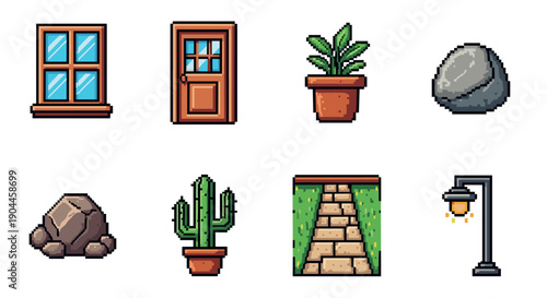 Pixel art home decor set: plants, windows, doors, and garden elements