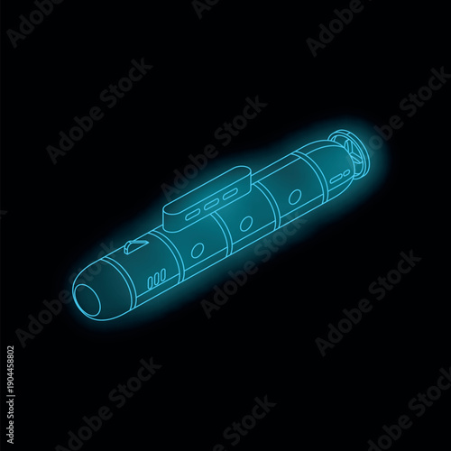 Isometric submarine with glowing neon contour on black background represents futuristic underwater exploration and deep sea diving