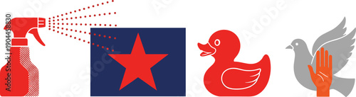 Symbolic icons illustration, spray bottle star rubber duck peace dove hand, social protest and freedom expression concept, modern flat vector design isolated