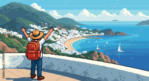 Pixel Art Traveler admiring coastal town from scenic viewpoint in vibrant pixel art style