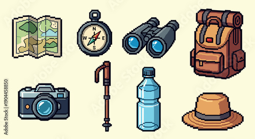 Pixel Art Retro pixel art hiking set with backpack, compass, map, and more outdoor gear