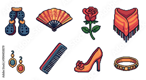 Pixel art icons of traditional spanish accessories and flower