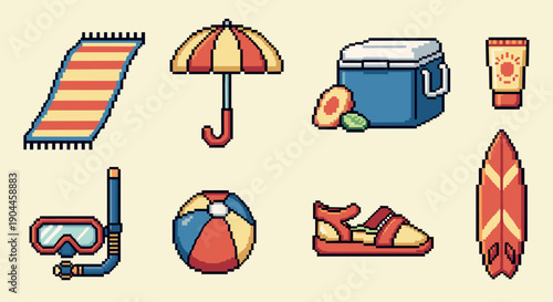 Pixel Art Retro pixel art of summer beach essentials with umbrella and surfboard