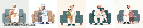 Muslim boy hugging his father on the sofa vector