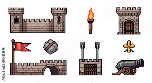 Pixel art medieval castle elements with tower, cannon, and flag
